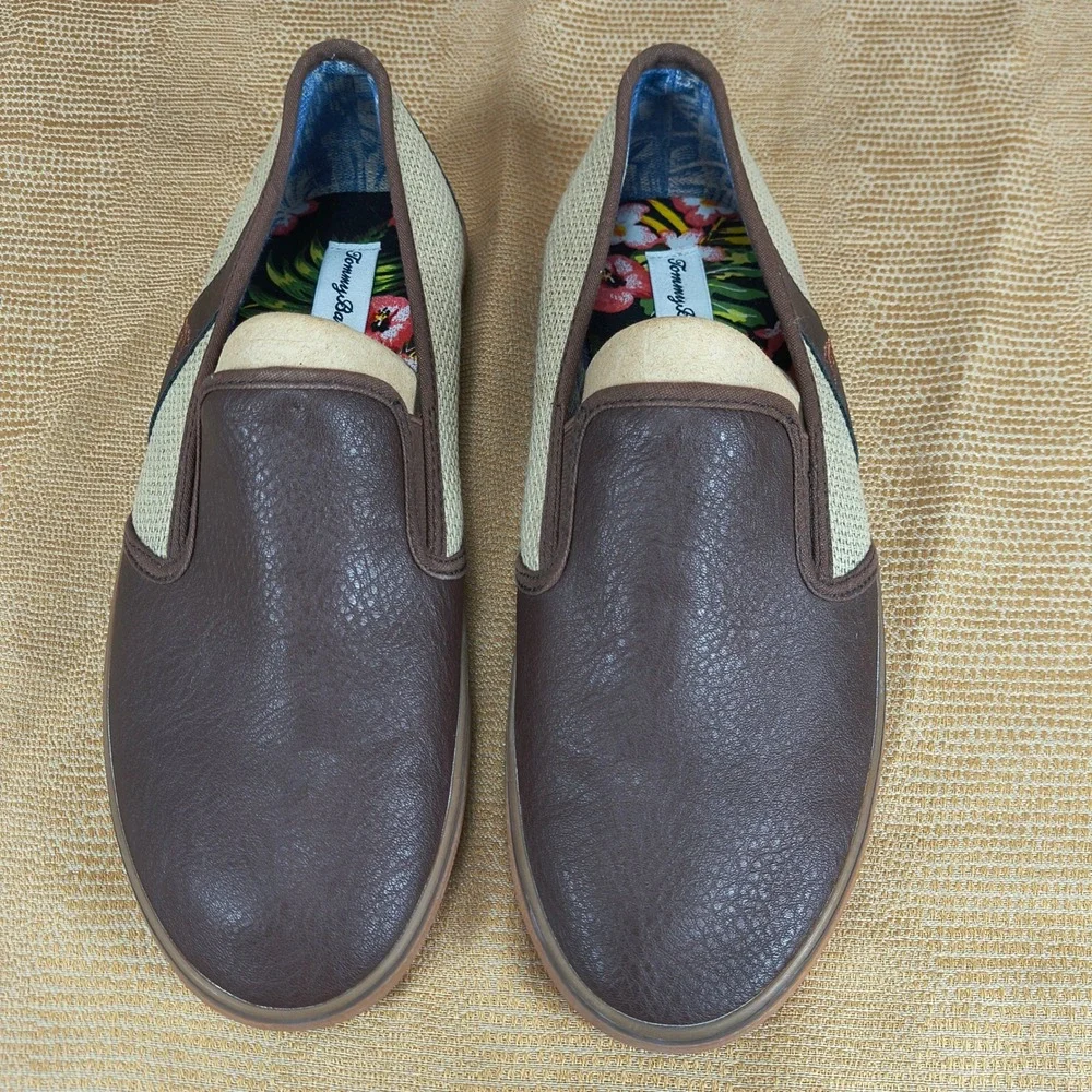 Tommy Bahama Mens Brown PU Leather Textile Slip‎ On Loafers Shoes TB7F00149 10.5